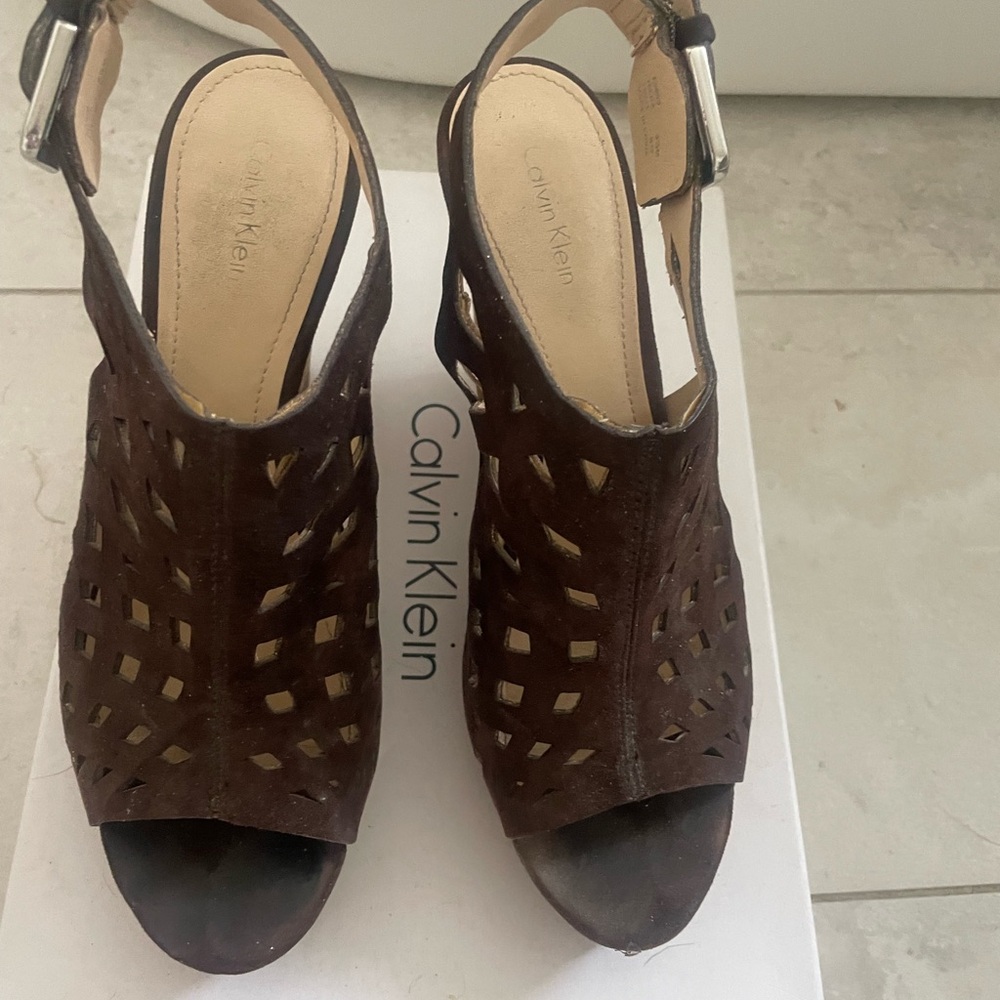 Calvin Klein Brown Suede Cutout Slingback Heels